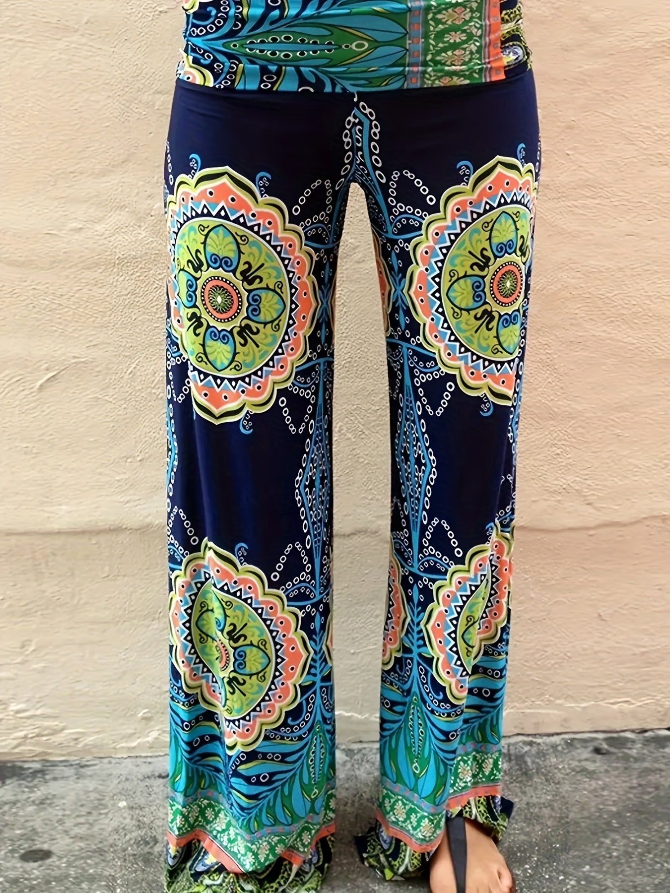  Boho Pants Women's Plus Floral Print Wide Leg Pants