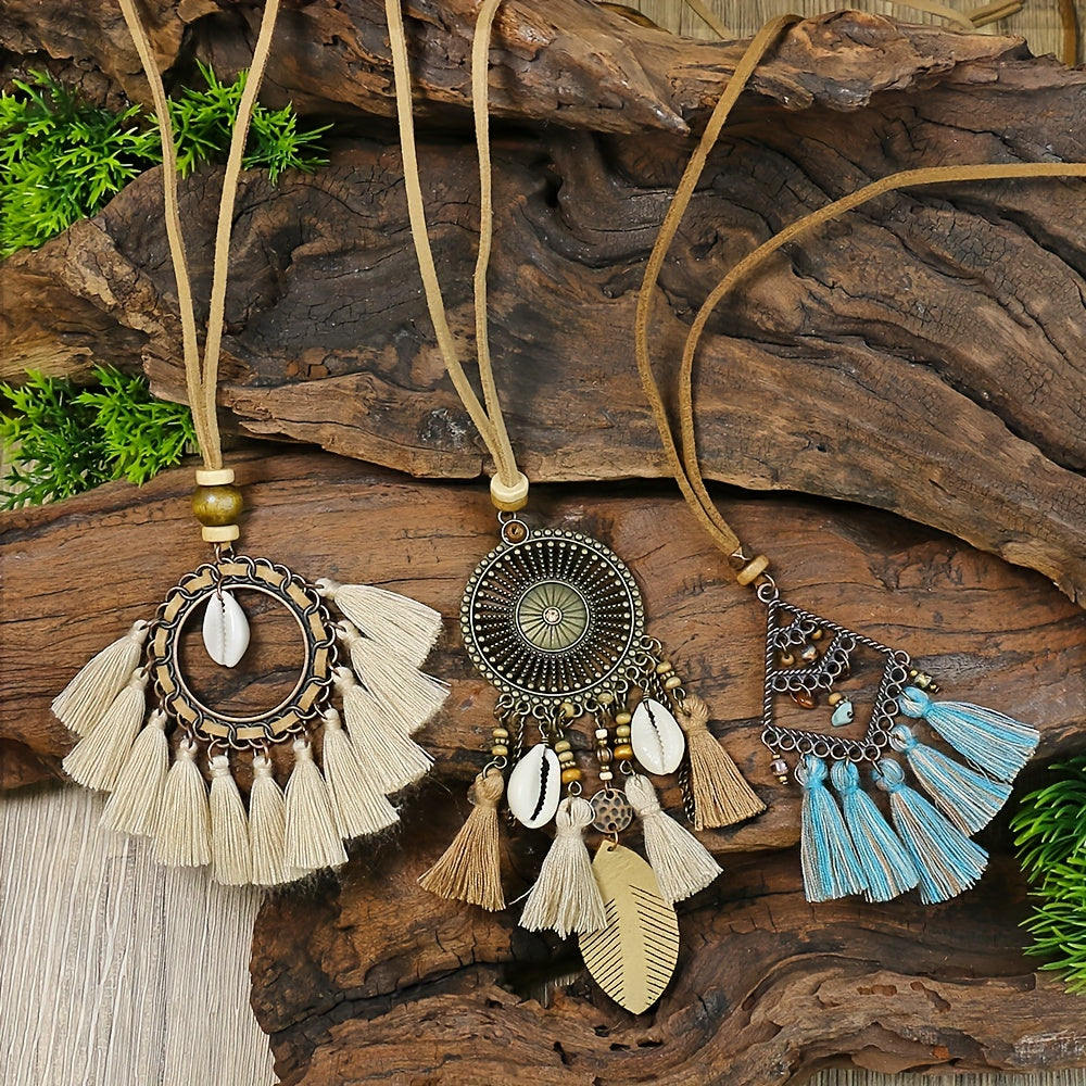 Boho Ethnic Tassel Pendant Necklaces Retro Rhinestone Drip Oil Alloy Necklace