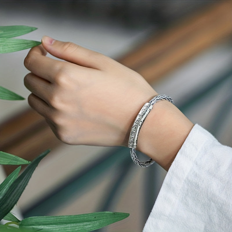 Vintage Silver Printed Rune Cuff Bracelet - Unisex Hip Hop Jewelry