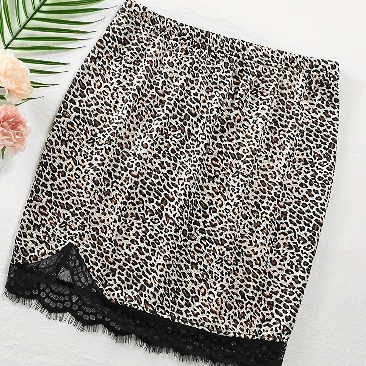 Leopard Print Lace Trim Skirt Elastic Waist Spring Summer Clothing