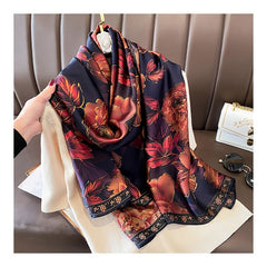 Vintage Rose Print Wine Red Silk Shawl Head Wrap Beach Towel