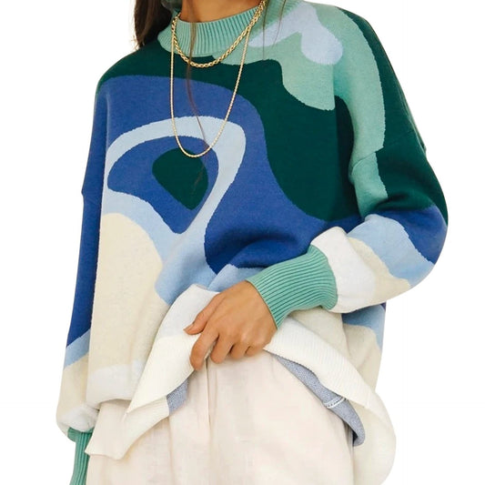  Abstract Print Long Sleeve Mock Neck Sweater