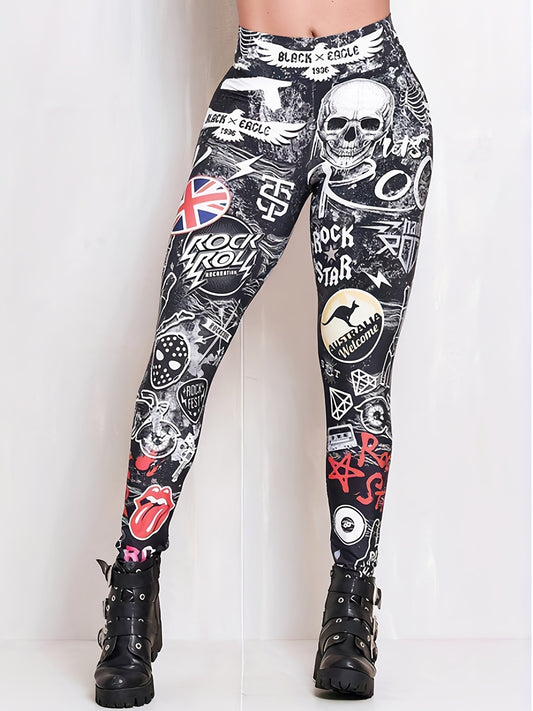  Gothic Leggings Allover Skull Print High Rise Stretch Skinny