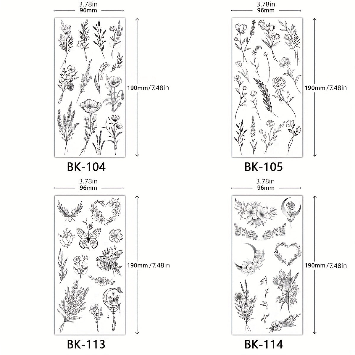 4 Piece Butterfly Flower Sketch Tattoo Stickers