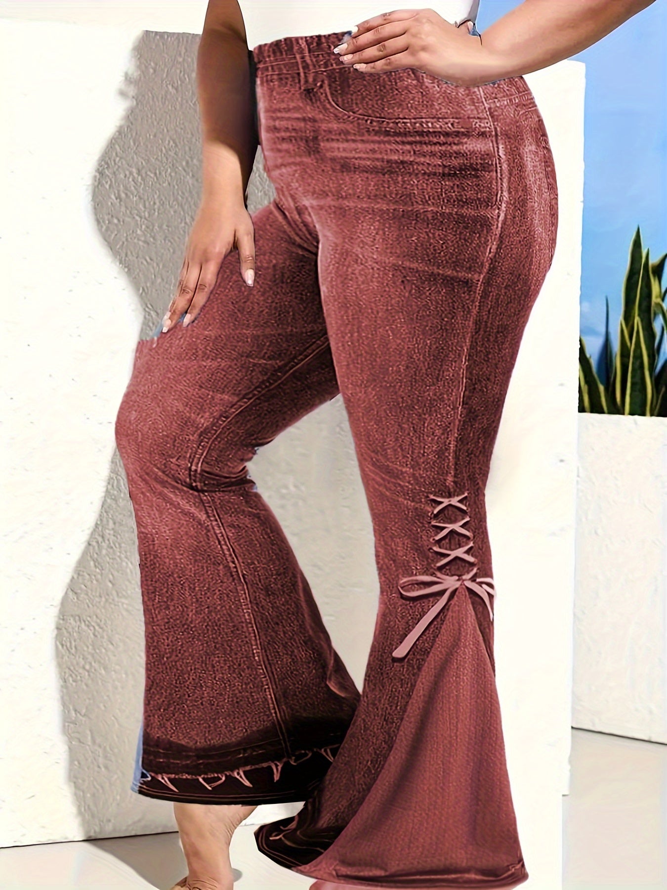  Denim Print High Rise Flare Leg Pants