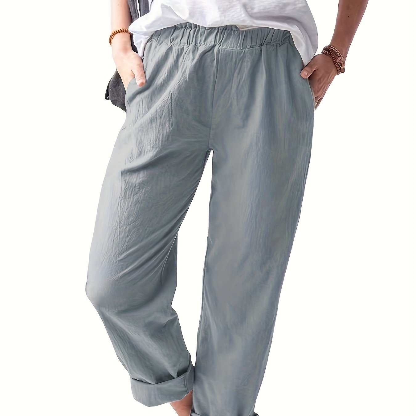 Women's Plus Solid High Rise Straight Leg Pants With Pockets