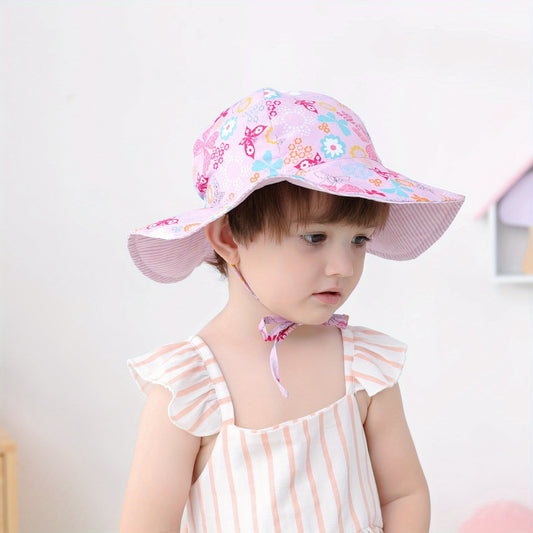 Teen Casual Butterfly Graphic Print Sun Hat, Adjustable Breathable Wide Brim Hat