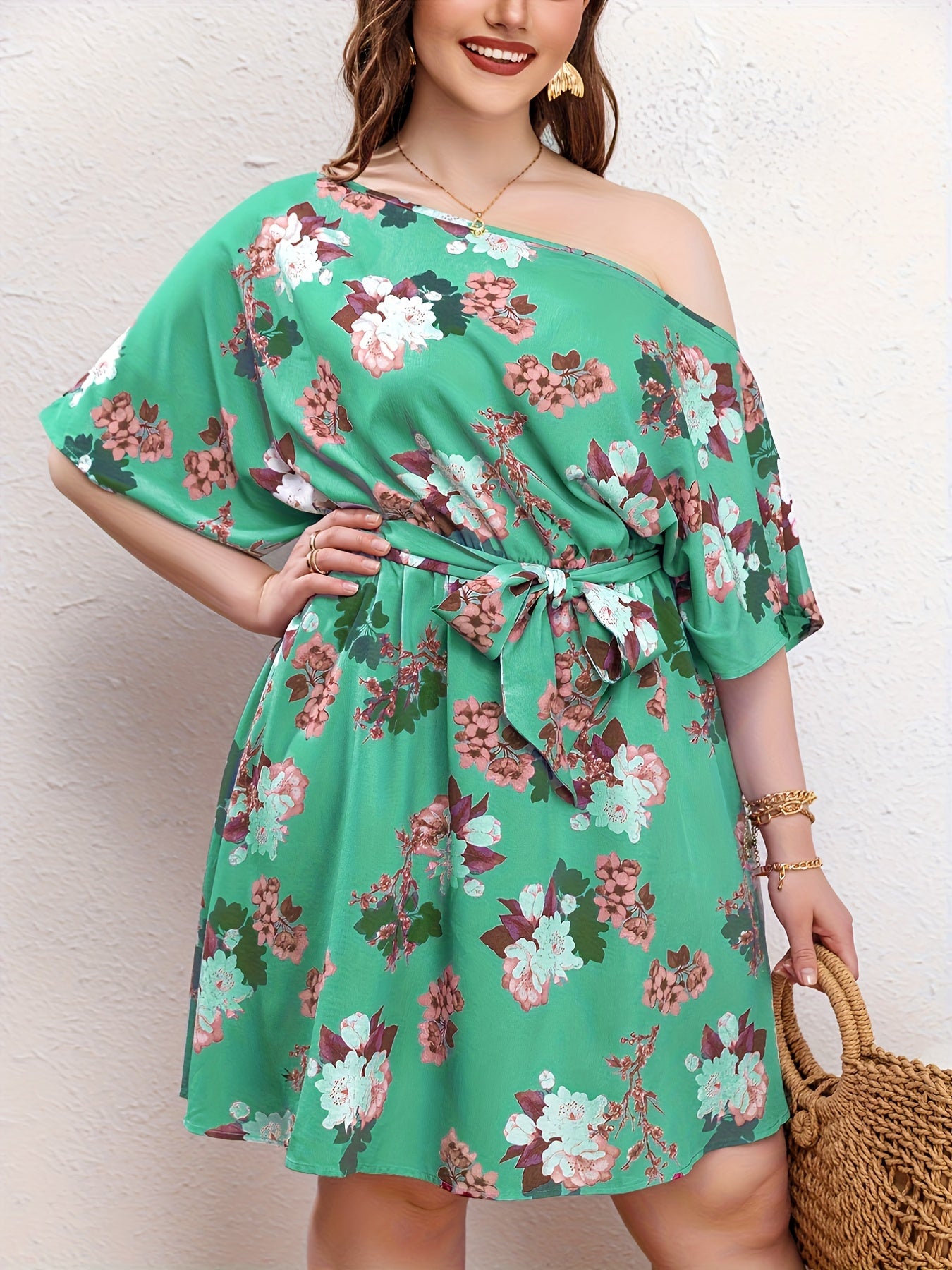 Floral Print One Shoulder Batwing Sleeve Knee Length Dress With Belt