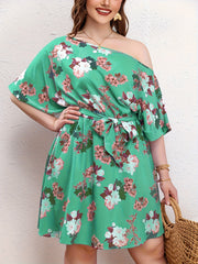 Floral Print One Shoulder Batwing Sleeve Knee Length Dress With Belt