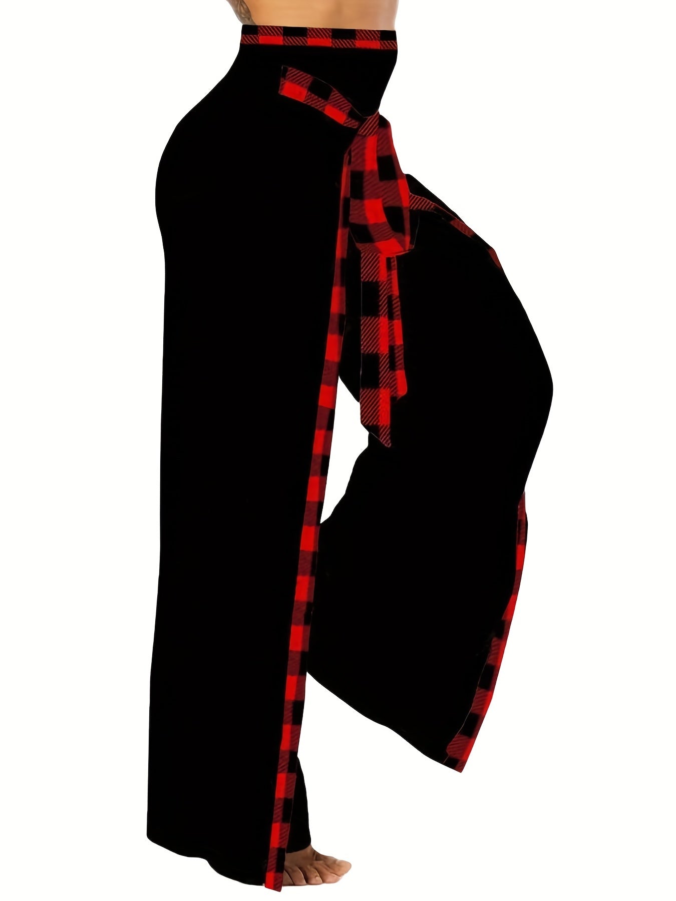  Plaid Print High Rise Wide Leg Pants With Belt