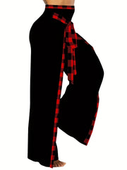  Plaid Print High Rise Wide Leg Pants With Belt