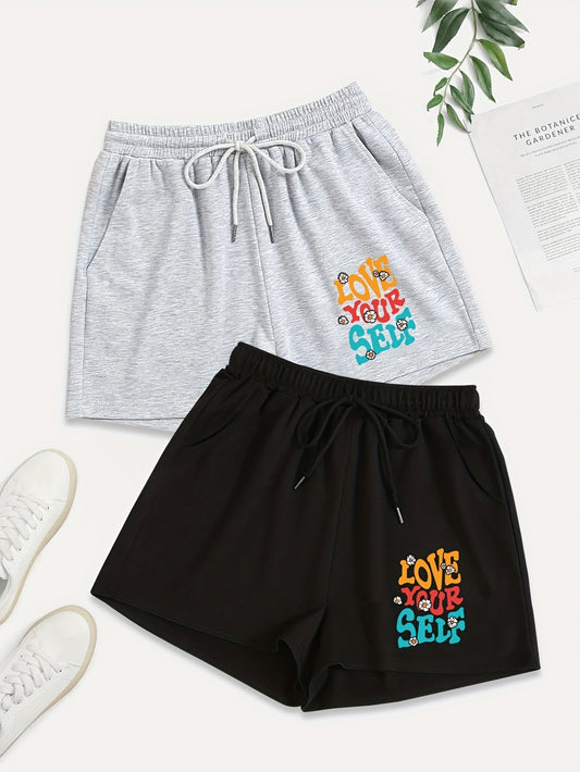 2 Pack Women's Plus Sporty Shorts Set Slogan & Daisy Print