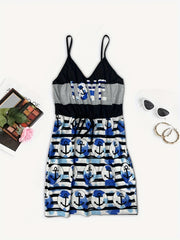  Colorblock Anchor & Stripe Print V Neck Cami Dress