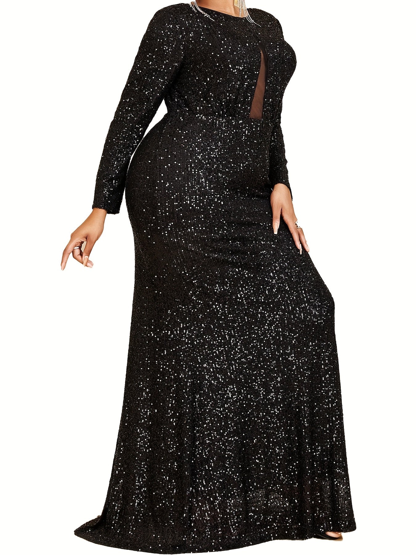  Mermaid Prom Dress Sequins Long Sleeve Contrast Mesh