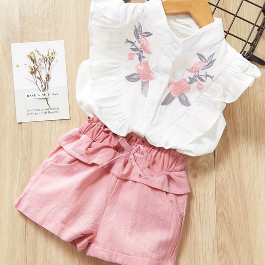 Girls' Flowers Embroidered Sleeveless Shirt And Fringe Shorts Set