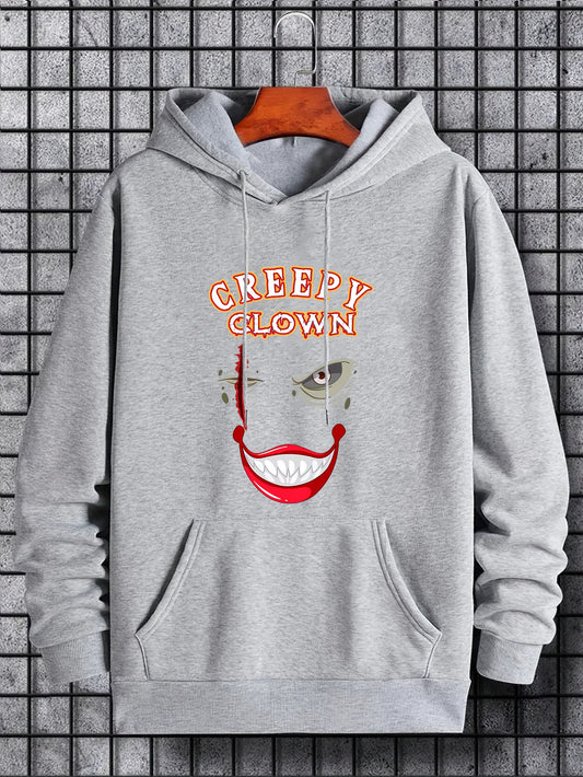 Men's Creepy Clown Print Hoodie Active Drawstring Hooded Sweatshirt