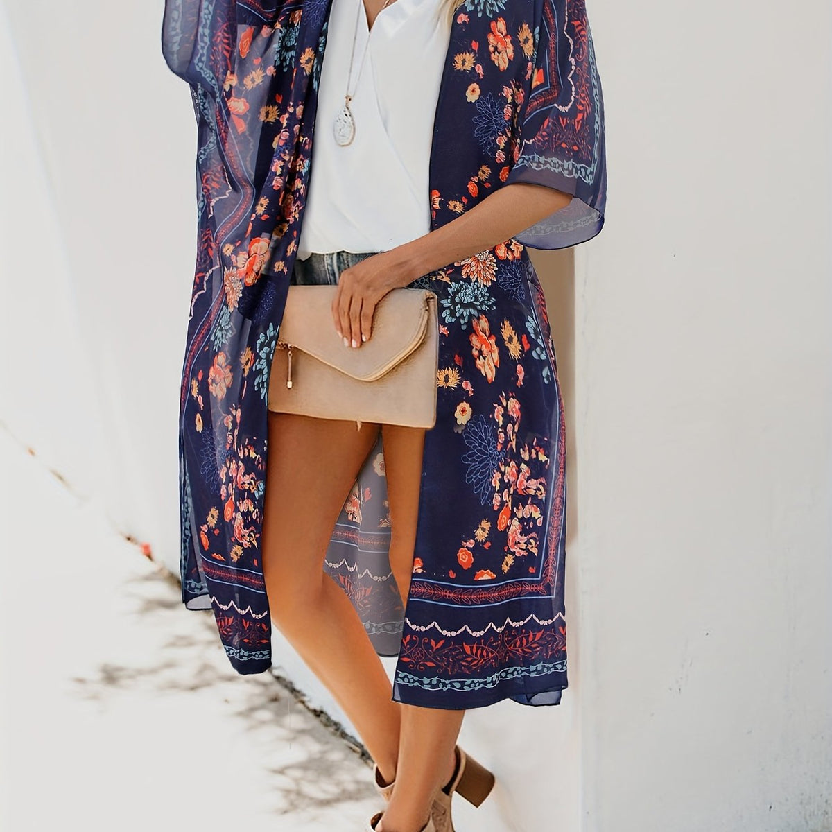  Floral Print Batwing Sleeve Cover Up