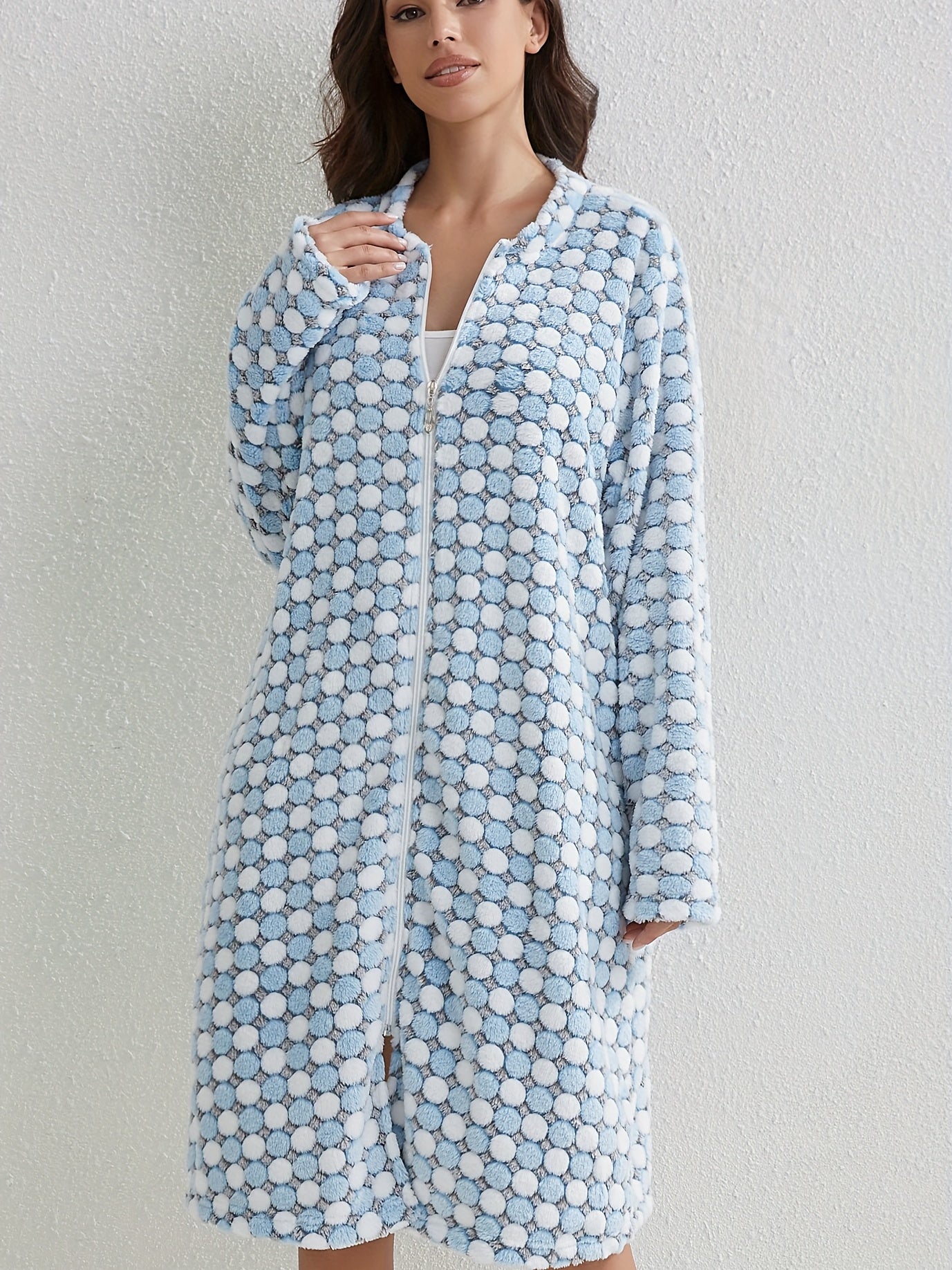 Polka Dot Flannel Night Robe Casual Zipper Sleepwear