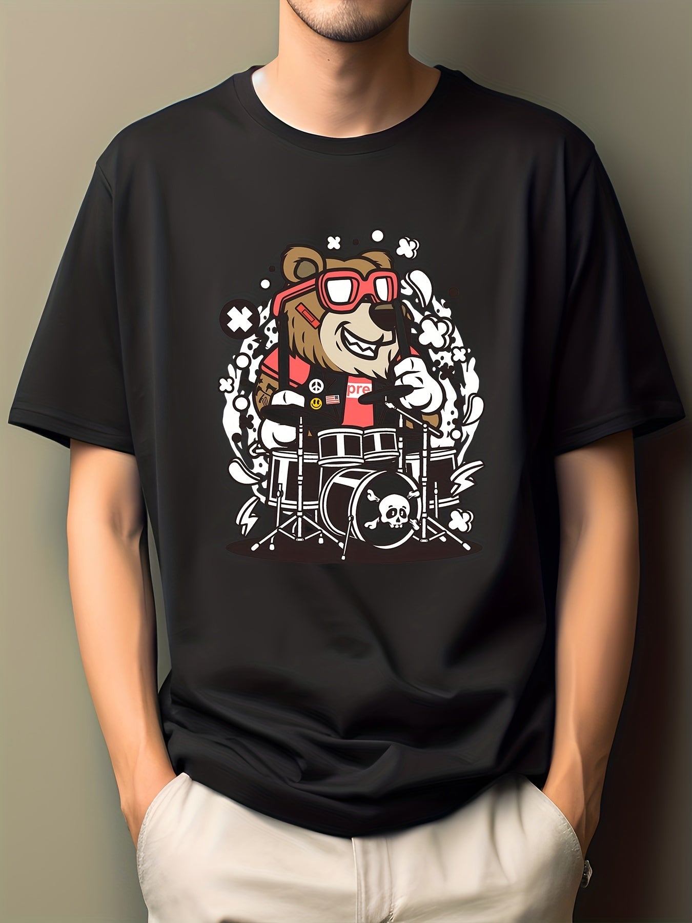 Men's Bear Print Hip Pop T-shirt Crew Neck Moisture Wicking Tee