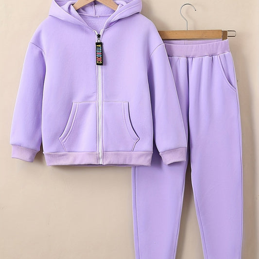 Girls 2pcs Fleece Hooded Sweatshirt Cardigan Sweatpants Set