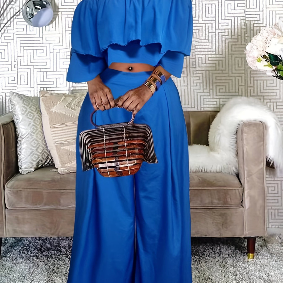  Women's Off Shoulder Crop Top & Wide Leg Pants Set