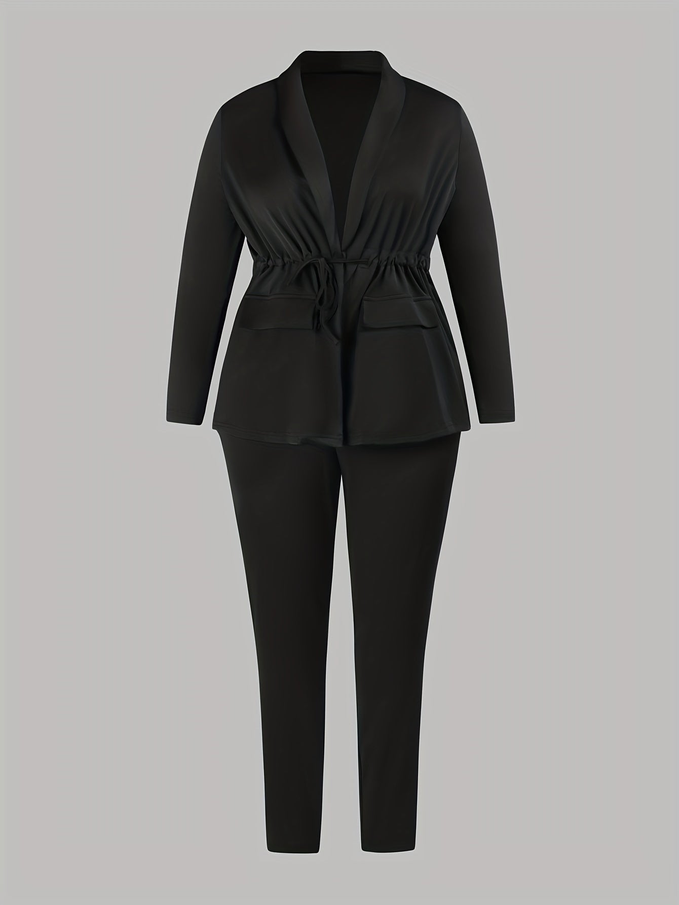  Solid Drawstring Long Sleeve V Neck Blazer & Pants Outfits Set