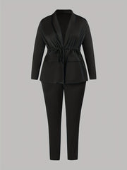  Solid Drawstring Long Sleeve V Neck Blazer & Pants Outfits Set