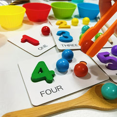 Wooden Arithmetic Bead Game with Tweezers and Cards