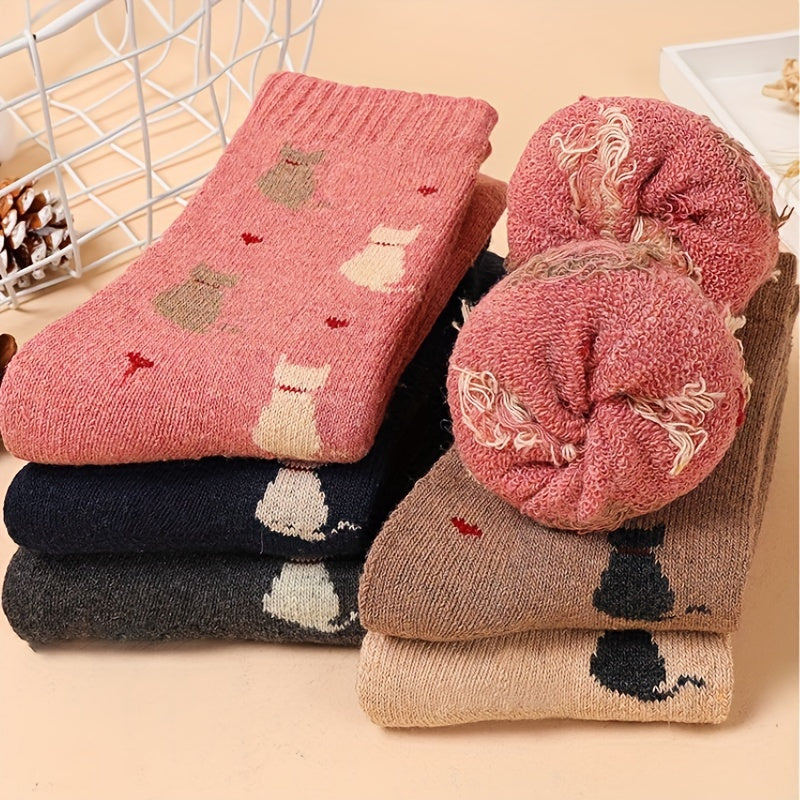 5 Pairs Cartoon Cat Print Socks For Women Cute & Cozy Mid Tube Stockings