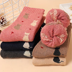 5 Pairs Cartoon Cat Print Socks For Women Cute & Cozy Mid Tube Stockings