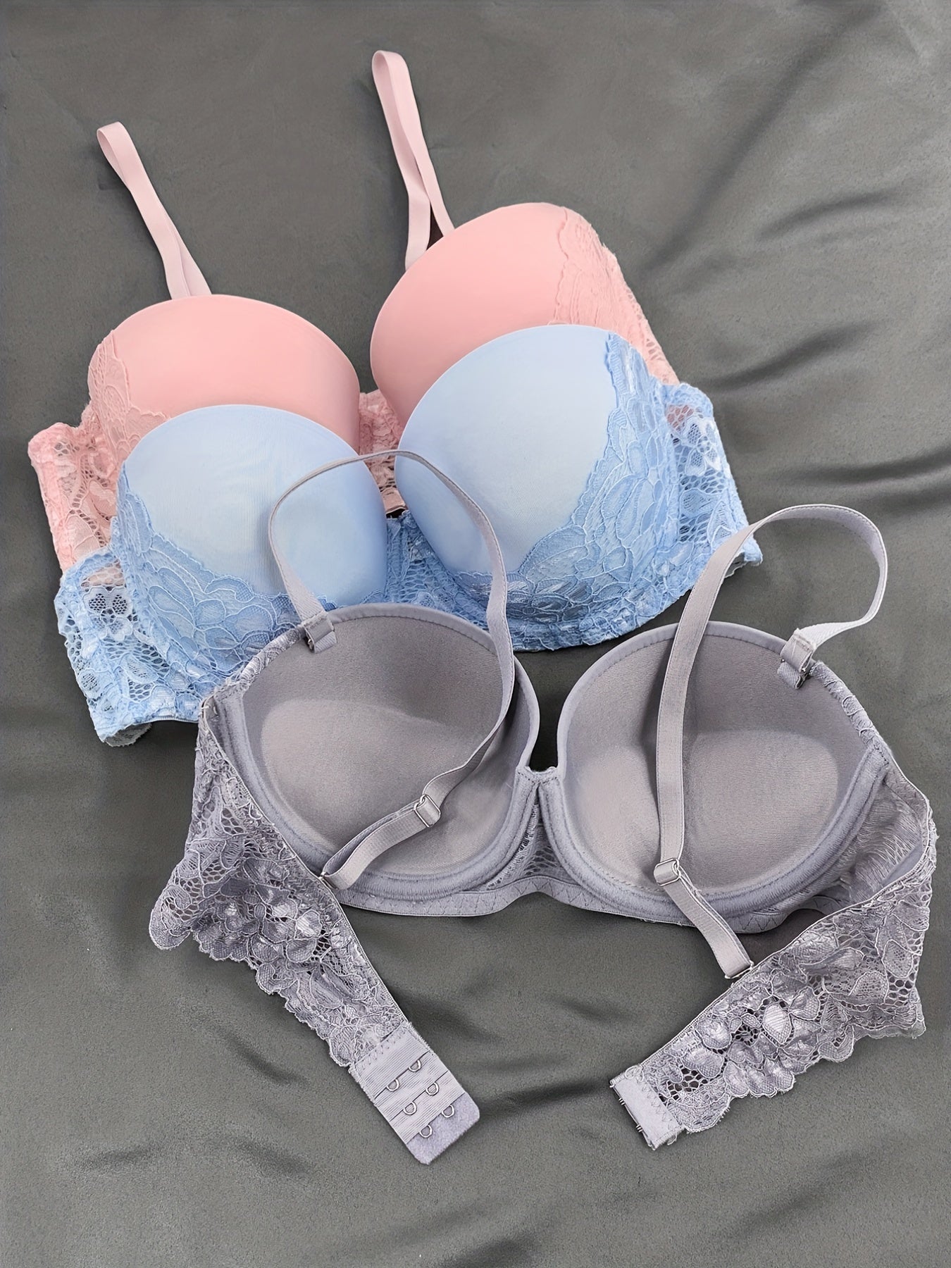 3pcs Lace Balconette Bras Push Up Anti-sagging