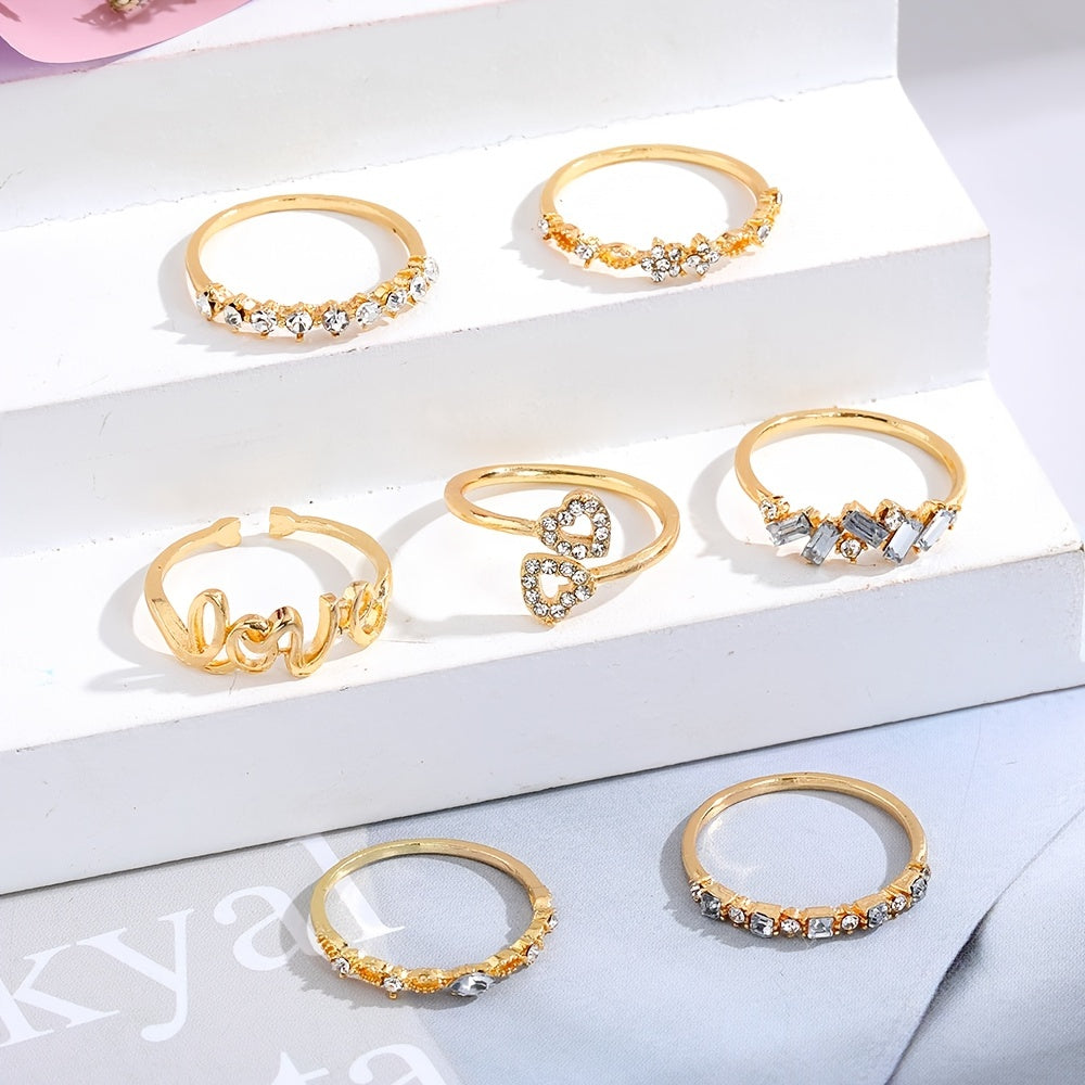 7pcs Golden Letter Love Rhinestone Joint Ring Set For Women
