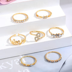 7pcs Golden Letter Love Rhinestone Joint Ring Set For Women