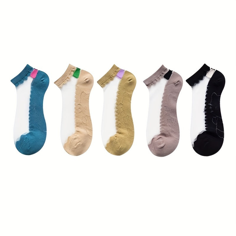 5 Pairs Contrast Mesh Low Cut Ankle Socks Women's Stockings