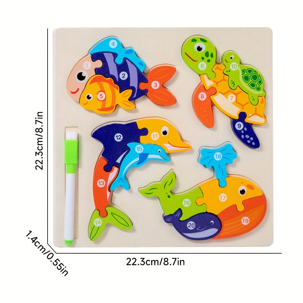 Wooden Animal Puzzle Toy with Reusable Drawing Board Educational Play
