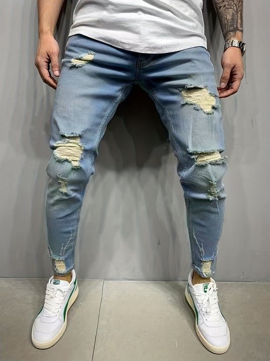 Slim Fit Ripped Cotton Jeans Men's Casual Street Style Distressed Denim Pants