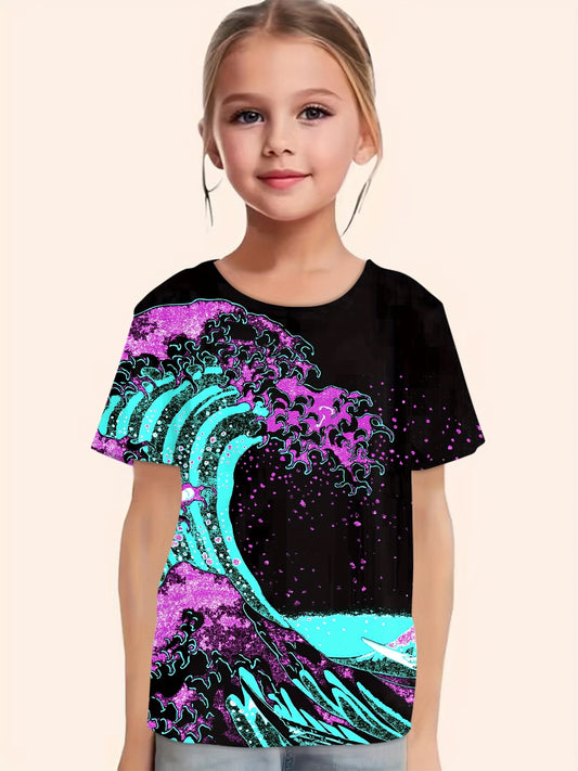 Sea Wave Print Short Sleeve T shirt Girls Comfy Pullover