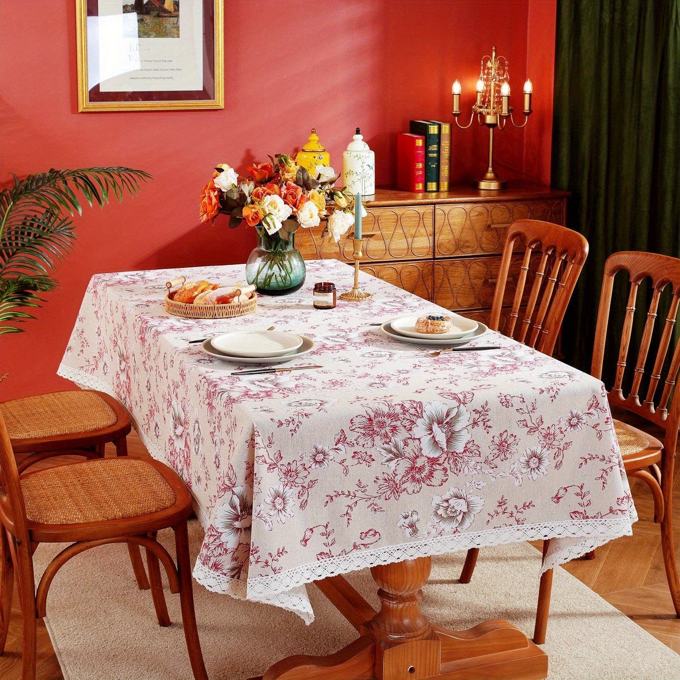 Vintage Peony Flower Lace Macrame Tablecloth