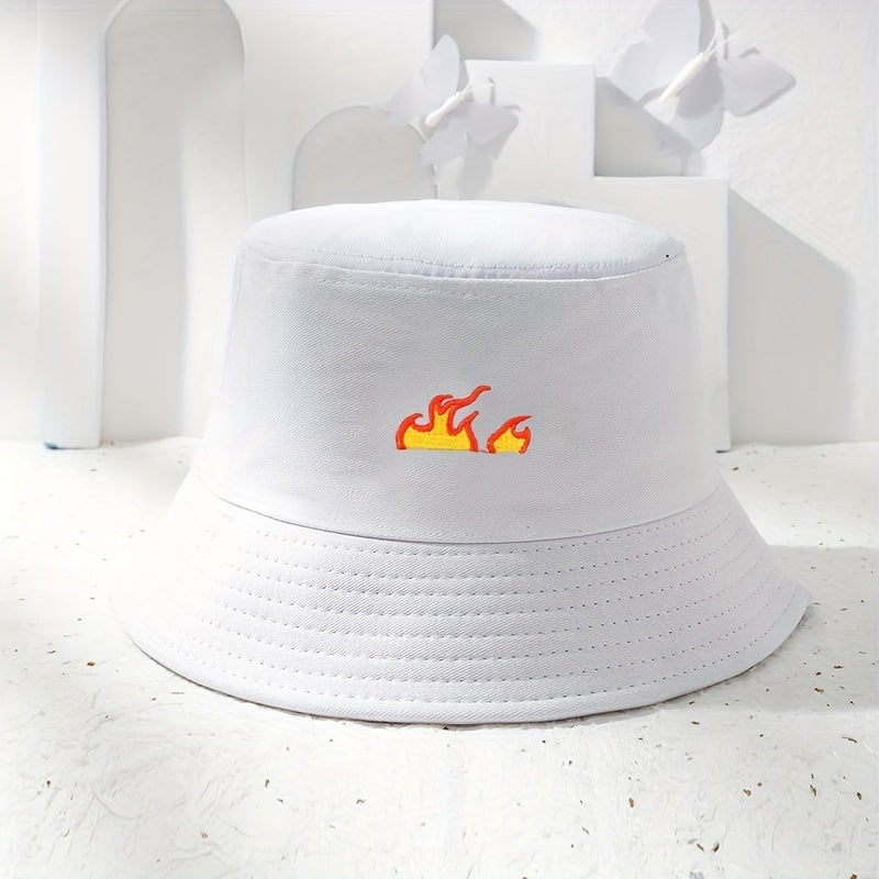Flame Embroidery Bucket Hat Casual Hip Hop Basin Hat Solid Unisex Fisherman Cap