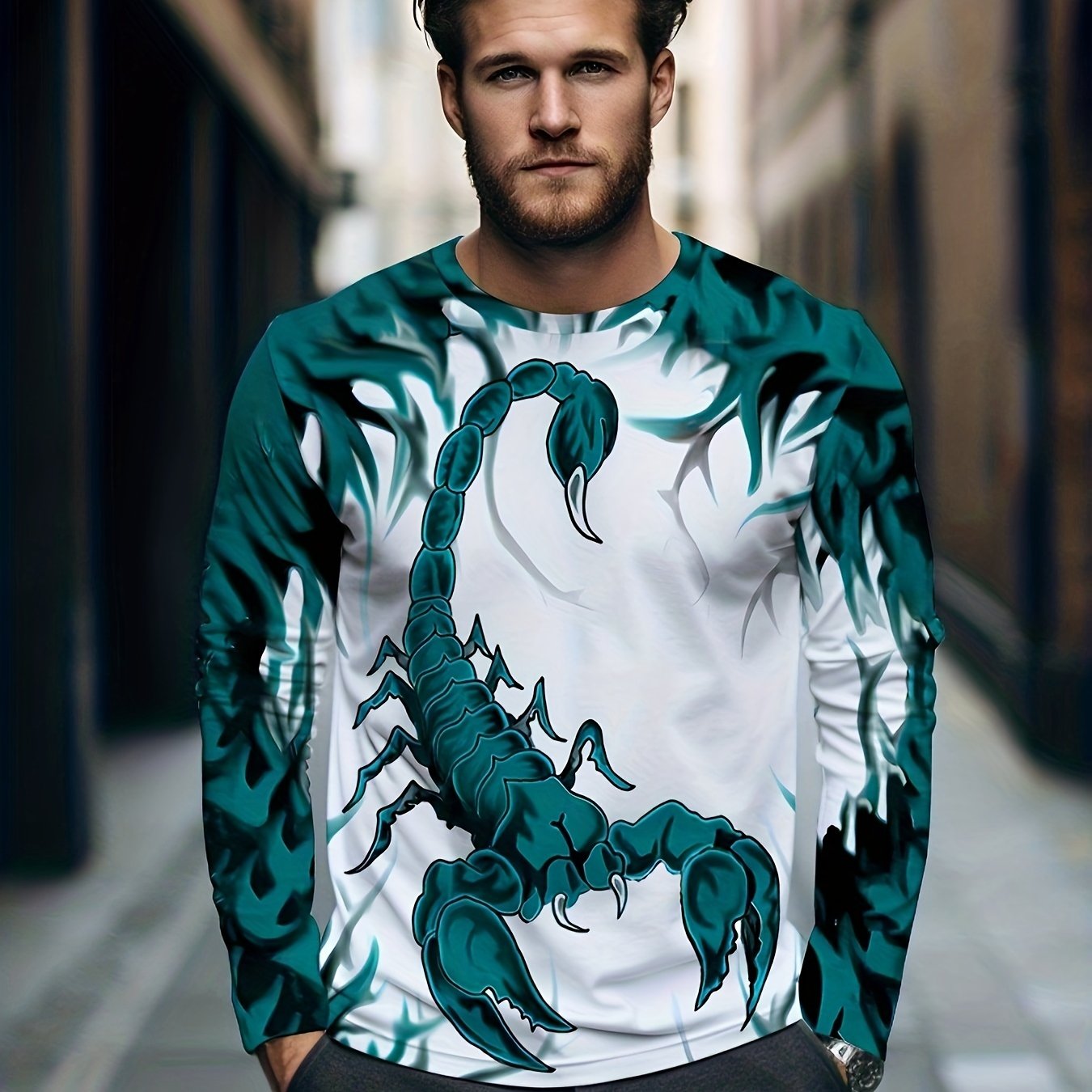 Scorpion Print Men's Long Sleeve Graphic T shirt Casual Comfy Tees