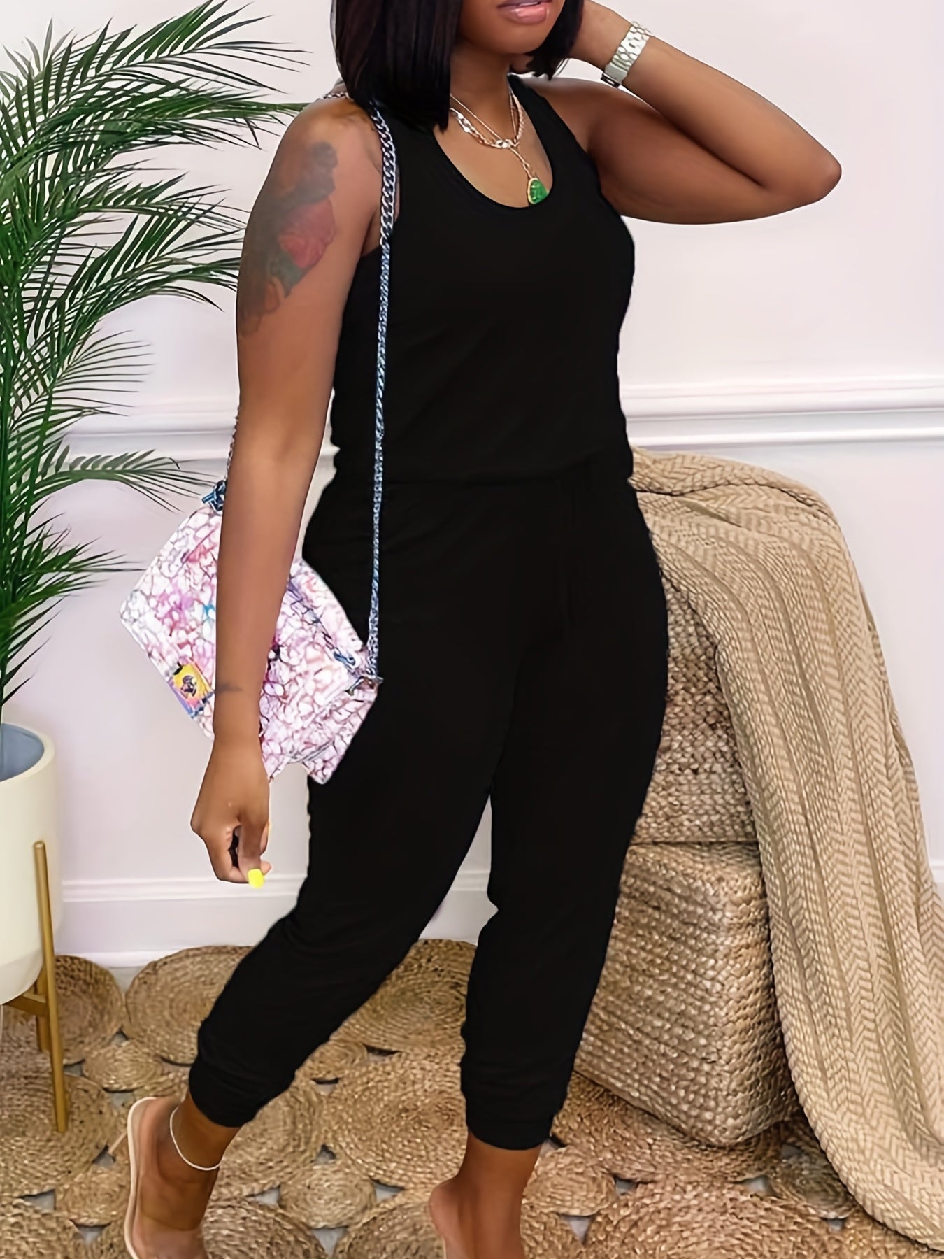  Casual Tank Jumpsuit Women's Plus Solid Round Neck Medium Stretch