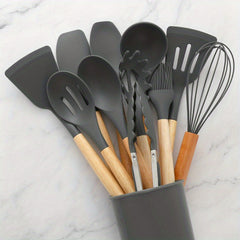 12pcs Silicone Utensil Set Khaki Kitchen Utensil Set With Wooden Handle