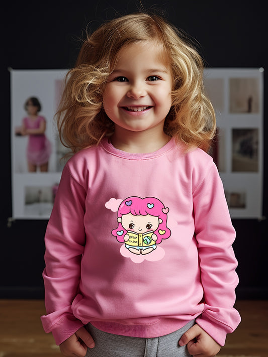 Lovely Studying Girl Graphic Crew Neck Long Sleeve Sweatshirt Kids Clothes