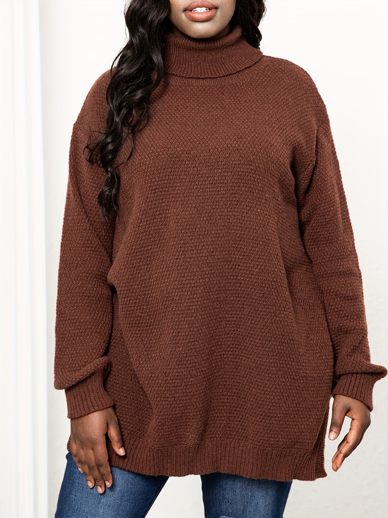  Turtle Neck Knit Side Slit Sweater Women's Plus Solid High Stretch