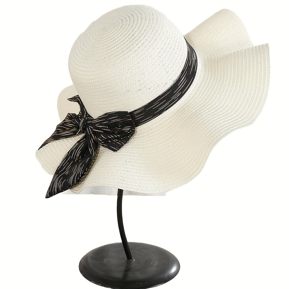 Boho Bow Ribbon Sunhat Wavy Edge Straw Hat Outdoor Sun Protection