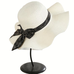 Boho Bow Ribbon Sunhat Wavy Edge Straw Hat Outdoor Sun Protection