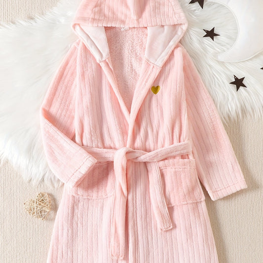 Kid's Heart Embroidery Flannel Bathrobe PJ Coral Fleece Loungewear