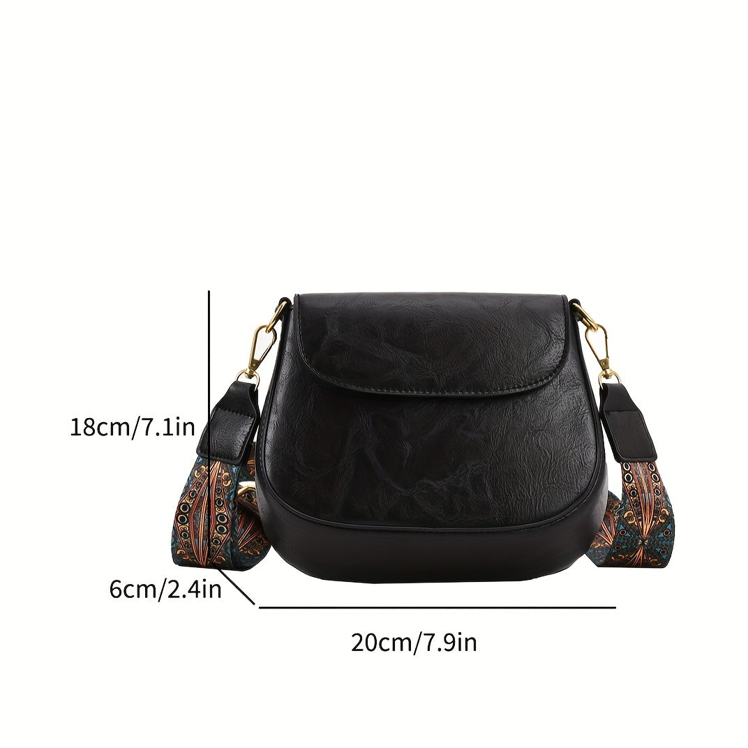 Vintage Solid Saddle Bag Minimalist Shoulder Bag Retro Pattern Strap