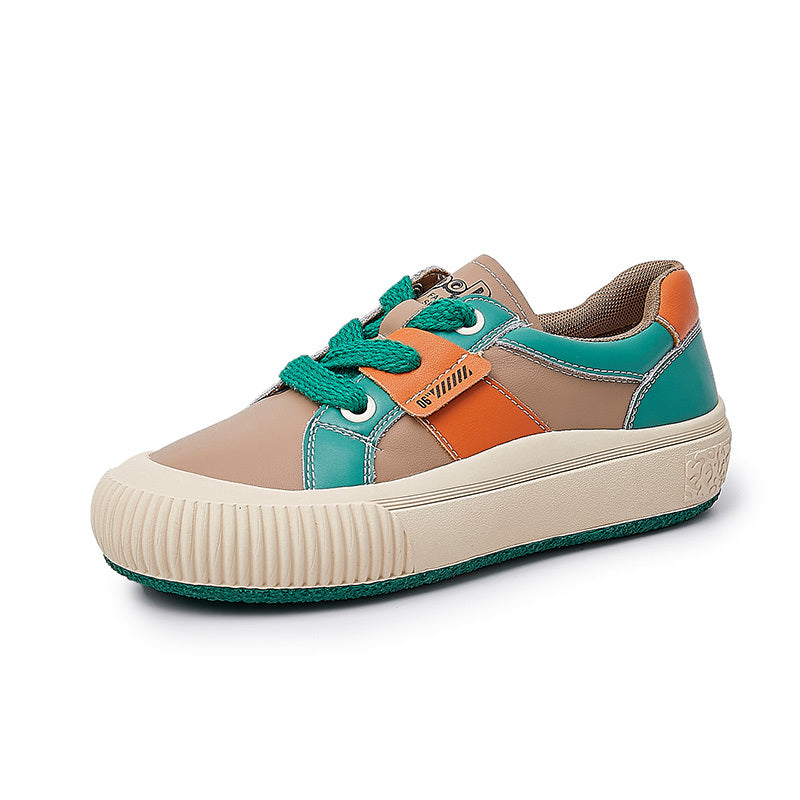 Women's Retro Block Faux Leather Sneakers Lace Up Sport Shoes