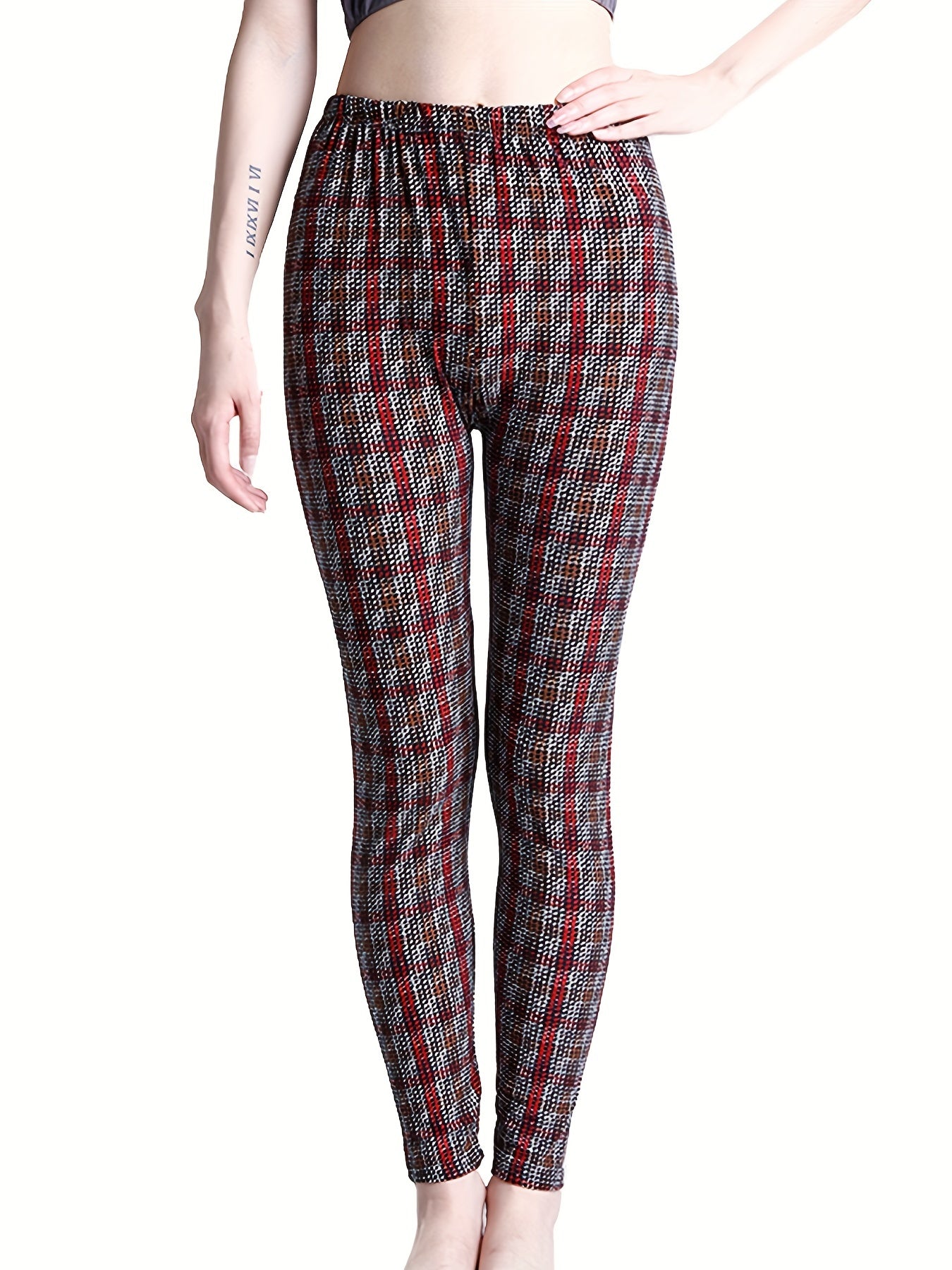 Plaid Print Leggings High Waist Slim Leggings